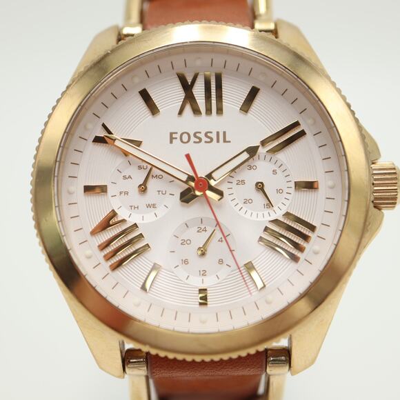 Fossil Cecile Womens Gold Tone Calendar 40mm Watch Brown Leather w New Battery - Picture 6 of 14